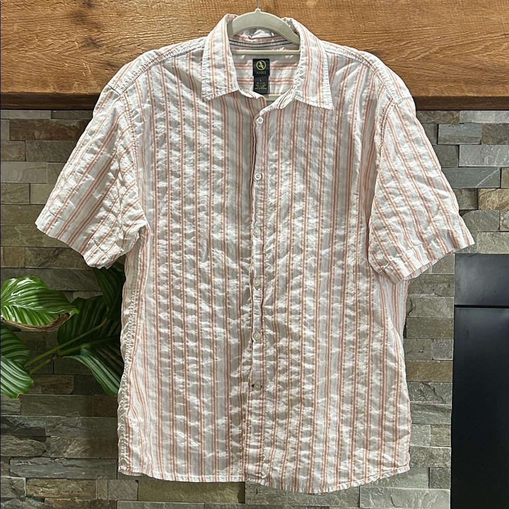 AIGLE Short Sleeve Striped Button Down Large